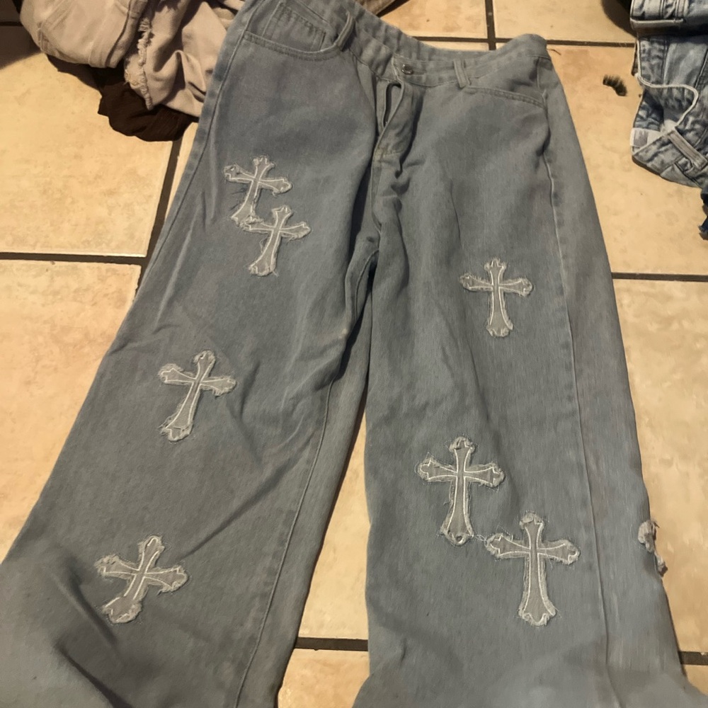 Women's Blue Jeans with Cross Embroidery cute cross y2k baggy jeans